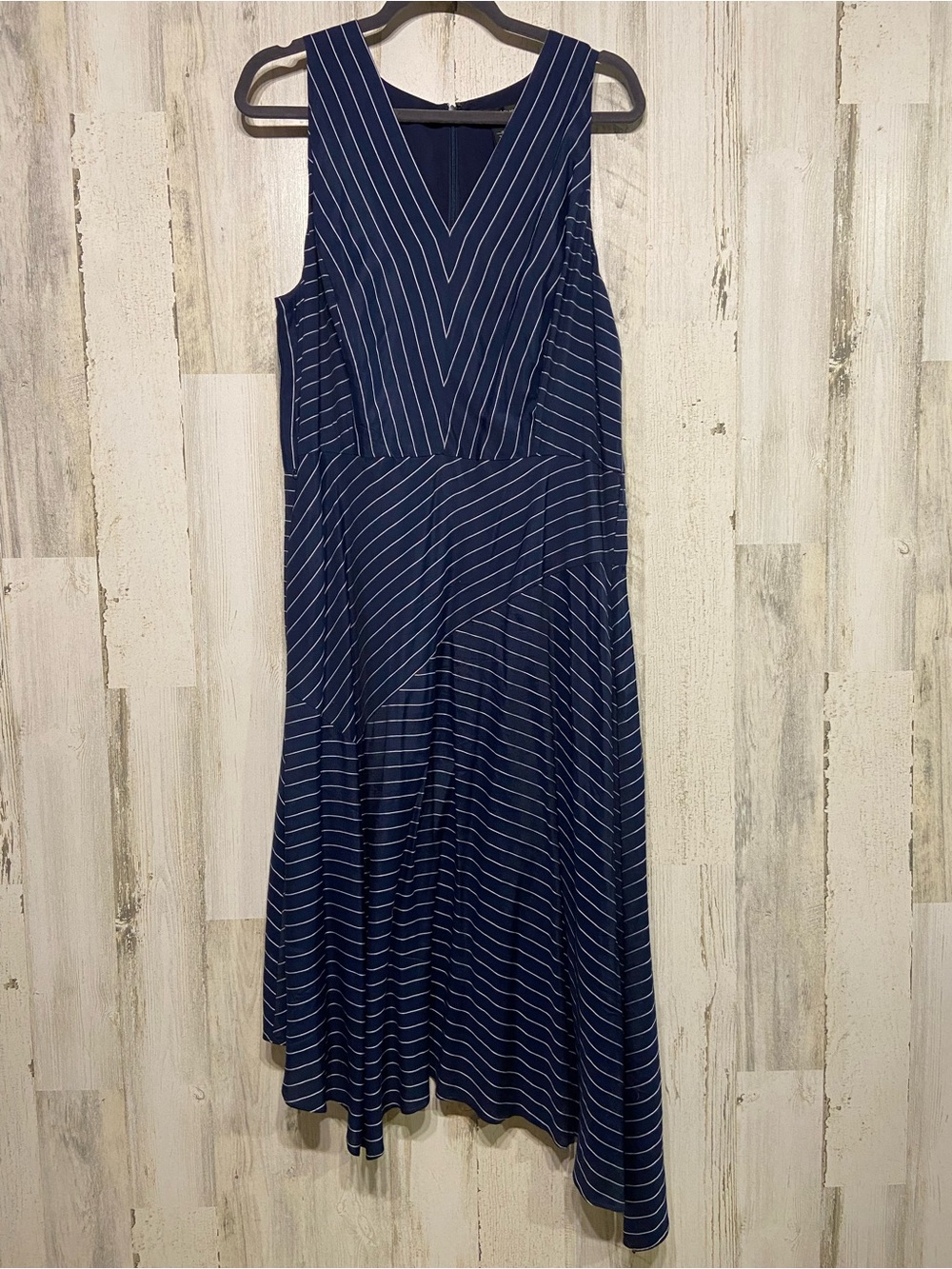 White House Black Market Blue White Pin Striped Sleeveless Midi Dress 14